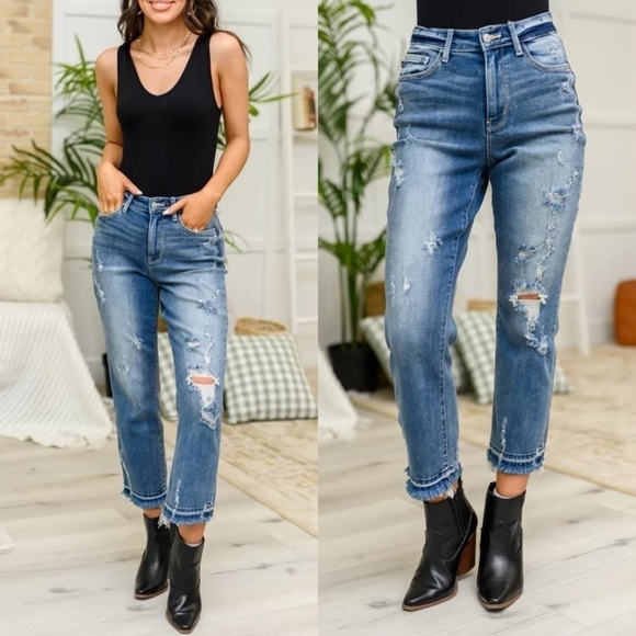 Judy Blue Harley Straight Leg Distressed Hem High Rise Jeans Sz. 14W - Picture 2 of 12